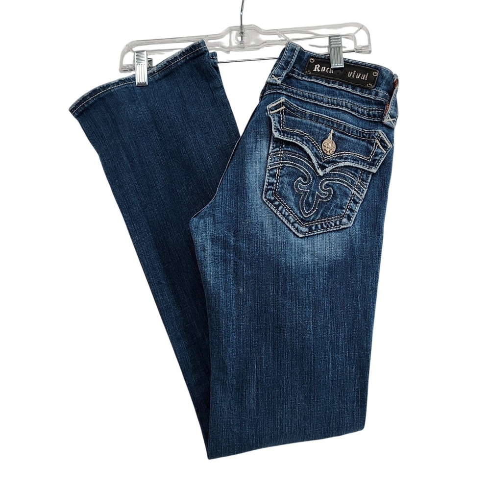 Rock Revival 27 Blue Deborah Bootcut Jeans Y2K McBling Western Fleur De Lis